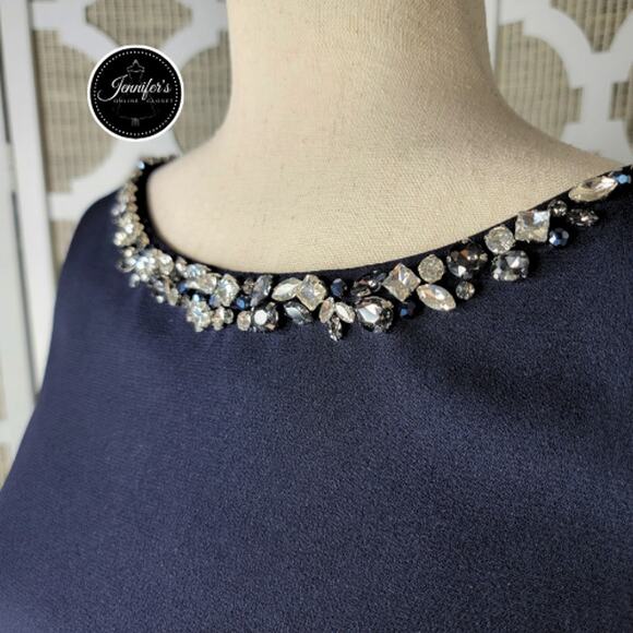 Vince Camuto Navy Blue Embellished Open Ruffle Back Crepe Gown Size 12 - Picture 3 of 16